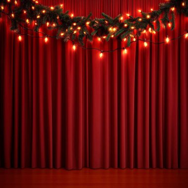 Festive red curtain backdrop adorned with twinkling holiday lights. clipart