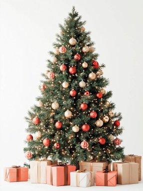 A beautifully decorated Christmas tree with gold and red ornaments and wrapped gifts. clipart