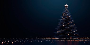 A beautifully illuminated Christmas tree with a golden star on top. clipart