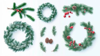 Beautiful assorted holiday wreaths and greenery with red berries and pinecones.