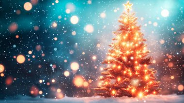 A beautifully lit Christmas tree glowing in a snowy winter scene. clipart