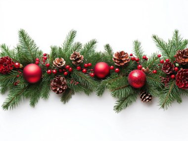 Festive holiday arrangement with red ornaments and pinecones. clipart