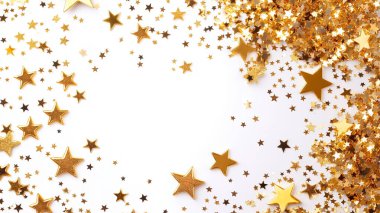 Golden star confetti creates a festive and cheerful frame. clipart