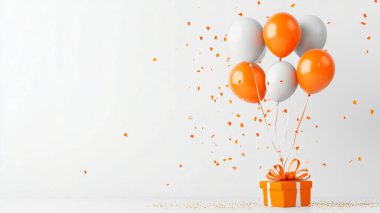 Vibrant orange and white balloons floating above a cheerful gift box. clipart