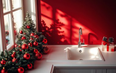 Red-themed kitchen decor with Christmas tree and festive ornaments. clipart