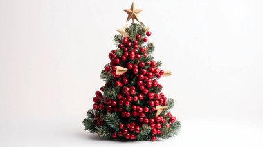 Elegant miniature Christmas tree adorned with red ornaments and a golden star. clipart