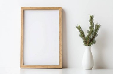 Minimalist decor with a blank wooden frame and a vase of fresh greenery. clipart