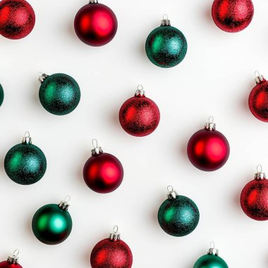 Colorful Christmas ornaments in red and green arranged on a white background. clipart