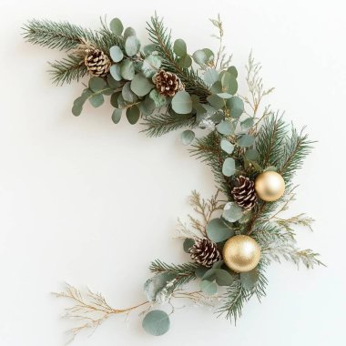 Elegant holiday decoration with green foliage, gold ornaments, and pine cones. clipart