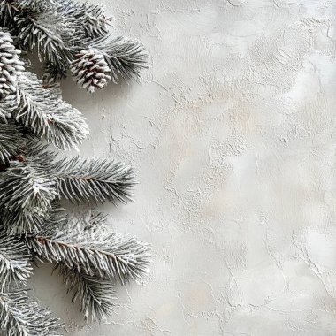 Frosted evergreen branches on a textured white background. clipart