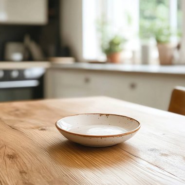 Cozy kitchen scene featuring a simple, rustic white plate on a wooden table. clipart