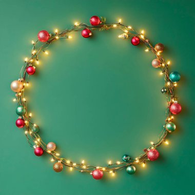 Colorful Christmas wreath with ornaments and lights on a green background. clipart