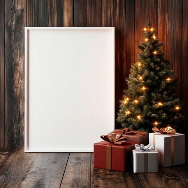 A cozy holiday setup featuring a Christmas tree and gift boxes. clipart