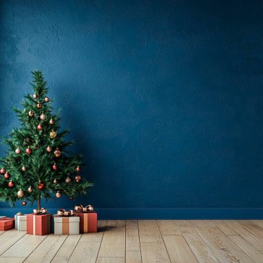 A beautifully decorated Christmas tree with wrapped gifts against a navy blue wall. clipart