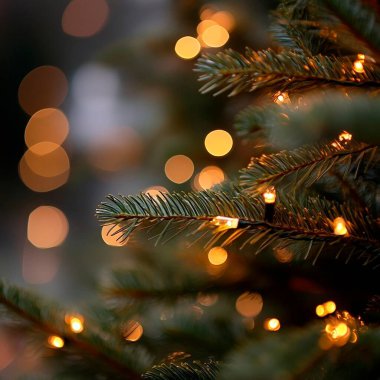 Close-up of a decorated evergreen branch with warm, glowing lights. clipart