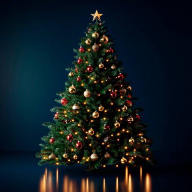 Festively adorned Christmas tree with gold and red ornaments glowing warmly. clipart