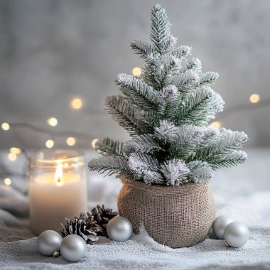 Frosted mini Christmas tree in burlap pot with decorations and candlelight ambiance.