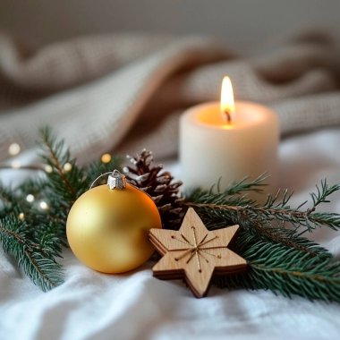 Golden ornament and wooden star on a cozy winter scene with a candle and pine branches. clipart