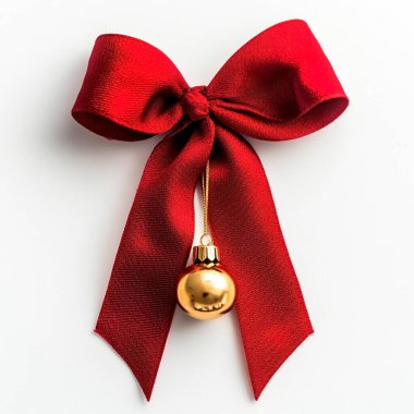 Elegant red ribbon bow with a golden bell for festive decorations. clipart