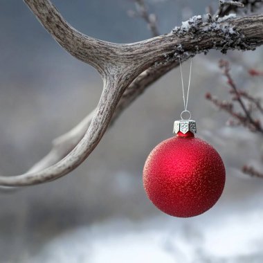 A vibrant red Christmas ornament hanging from an antler in a wintery landscape. clipart