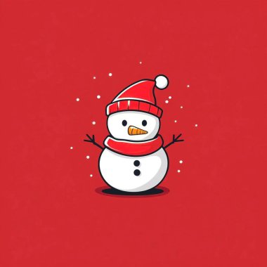 Cute cartoon snowman with a red scarf and hat against a vibrant red background. clipart