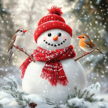 Happy snowman with red hat and scarf, surrounded by cheerful birds in snowy setting. clipart