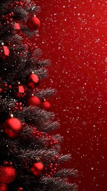 Festive Christmas tree adorned with red ornaments against a snowy red backdrop. clipart