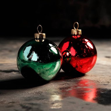 Shimmering red and green Christmas ornaments reflecting light. clipart