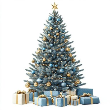 Festive blue and gold Christmas tree adorned with ornaments and gifts. clipart