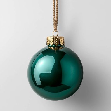 Green glass Christmas ornament hanging elegantly on a golden rope. clipart