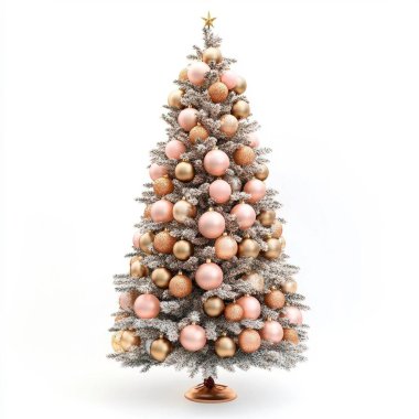 Festive Christmas tree adorned with pink and gold ornaments against a white background. clipart