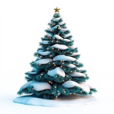 A snow-covered Christmas tree adorned with twinkling lights and a golden star. clipart