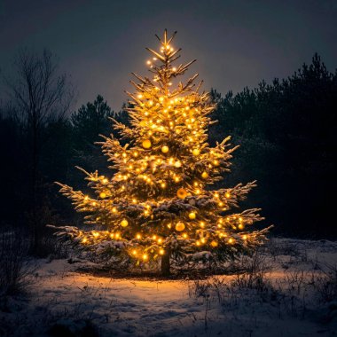 Sakin bir kış gecesinde, karlı ormanda güzel ışıklandırılmış Noel ağacı..