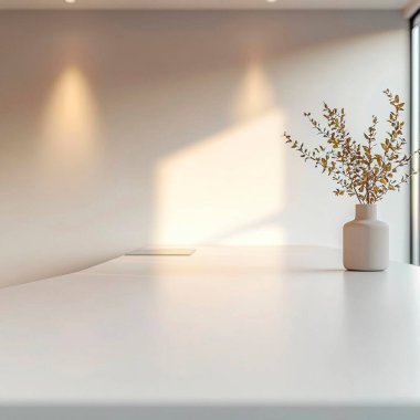 Minimalist interior with a vase of greenery on a sleek white table. clipart