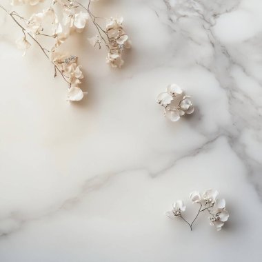 Delicate white flowers arranged on a smooth marble surface. clipart