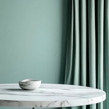 Minimalist green interior with marble table and elegant draped curtains. clipart