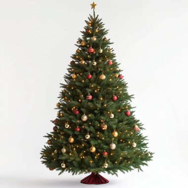 Elegant Christmas tree adorned with golden and red ornaments on a neutral background. clipart