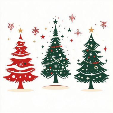 Three festive Christmas trees in red and green with decorations and snowflakes. clipart