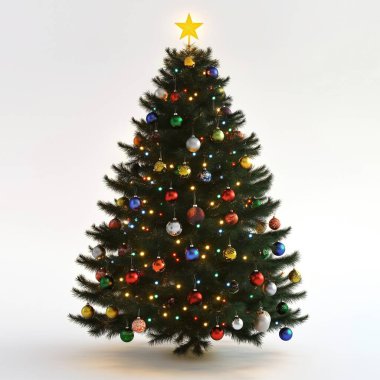 Vibrant Christmas tree adorned with colorful ornaments and lights. clipart