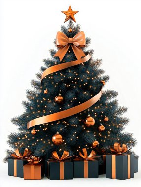 Beautifully decorated Christmas tree with golden accents and presents underneath. clipart