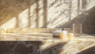 Serene bathroom scene with minimalist decor and soft natural light. clipart