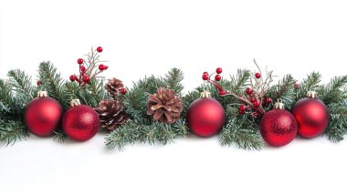 Festive red ornaments and pinecones on greenery for holiday decor. clipart