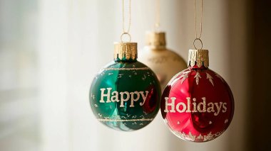 Colorful holiday ornaments featuring 'Happy Holidays' greeting. clipart