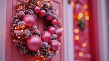 A festive pink wreath adorned with sparkling ornaments on a cheerful door. clipart