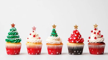 Festively decorated Christmas cupcakes in vibrant red and green hues. clipart