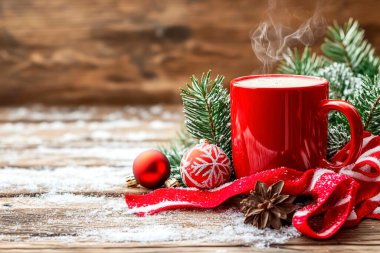 A warm red mug of hot cocoa surrounded by festive decorations and pine branches.