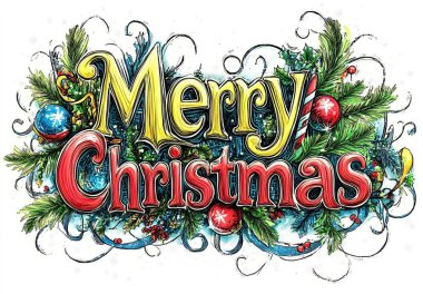 Festive 'Merry Christmas' artwork with colorful decorations and greenery. clipart