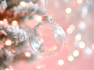 A simple clear glass ornament hanging on a snowy tree, illuminated by soft, warm lights. clipart