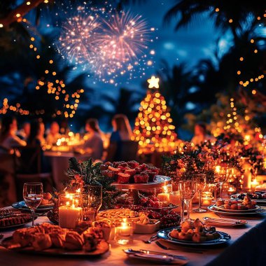 Festive outdoor dining setup with a diverse group enjoying a magical night under fireworks. clipart