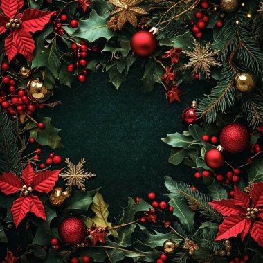 Festive Christmas wreath with red and gold decorations on a dark green background. clipart